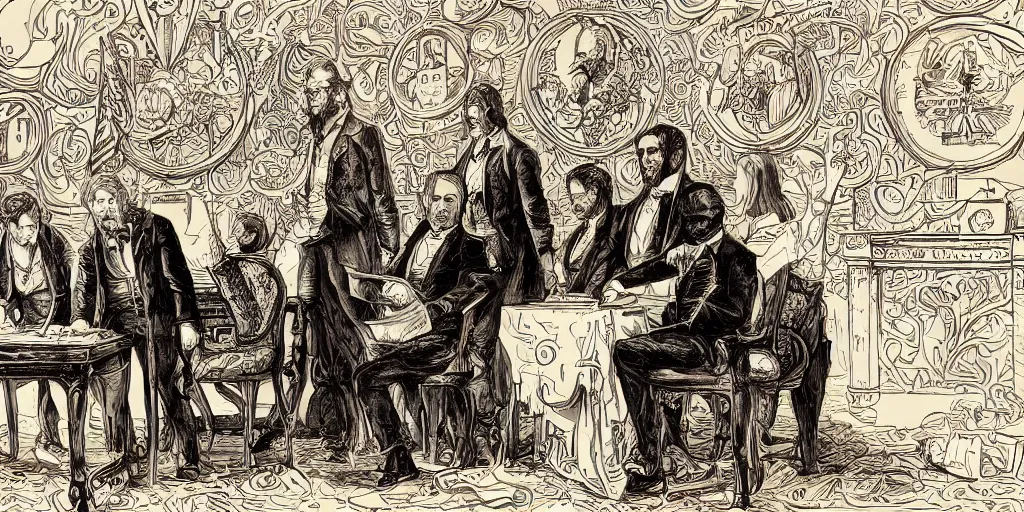 Image similar to five score years ago, a great american, in whose symbolic shadow we stand today, signed the emancipation proclamation. ultrafine colored illustration, intricate linework, sharp focus, octopath traveler, final fantasy, unreal engine highly rendered, global illumination, radiant light, intricate environment