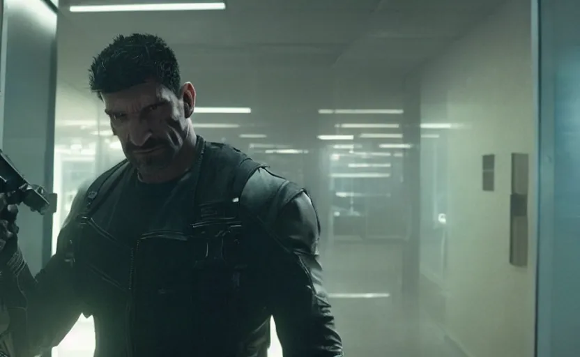 Image similar to a 4 k cinematic still portrait of the punisher breaking into the office from a gritty cyberpunk 2 0 0 0 s james cameron movie about spider - man. realism, cinematic lighting, 4 k. 8 mm. grainy. panavision.