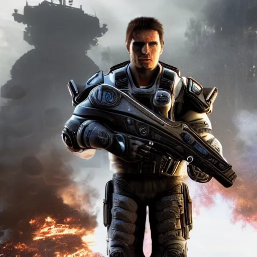 Prompt: a videogame still of Tom Cruise in Gears of War, 40mm lens, shallow depth of field, split lighting