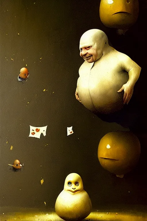 Prompt: hieronymus bosch greg rutkowski, oil painting of humpty dumpty, tweedle dum