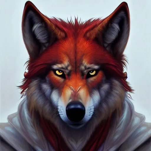 Image similar to portrait of a wolf, male, handsome, masculine, full body, red hair, long hair, soft hair, fantasy, intricate, elegant, highly detailed, suit, coffee shop, digital painting, artstation, concept art, character art, smooth, sharp focus, illustration, art by artgerm and greg rutkowski and alphonse mucha