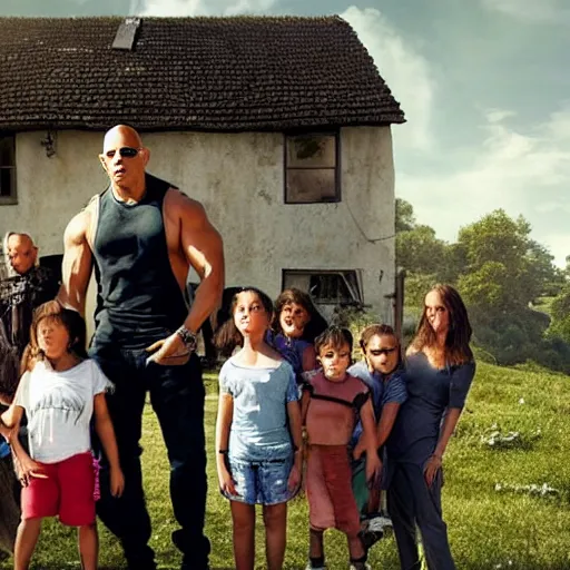 Prompt: closeup photo of vin diesel and his wife and 6 children, sunny day, village house, pastoral, happy, cinematic, art by jan urschel and neil blevins