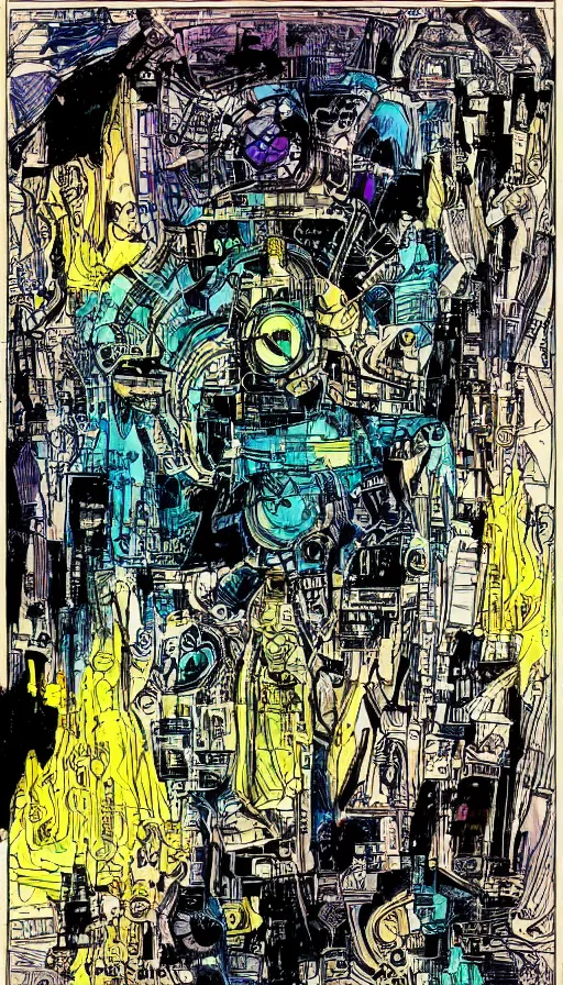 Prompt: religious hard science fiction comic by, bill sienkiewicz, teal and gold colour palette, line drawing, ink pour