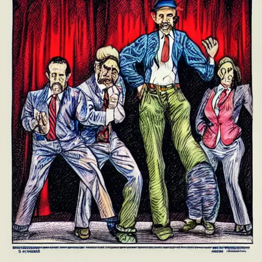 Image similar to The Artwork of R. Crumb and his Cheap Suit Ball Dancers, pencil and colored marker artwork, trailer-trash lifestyle