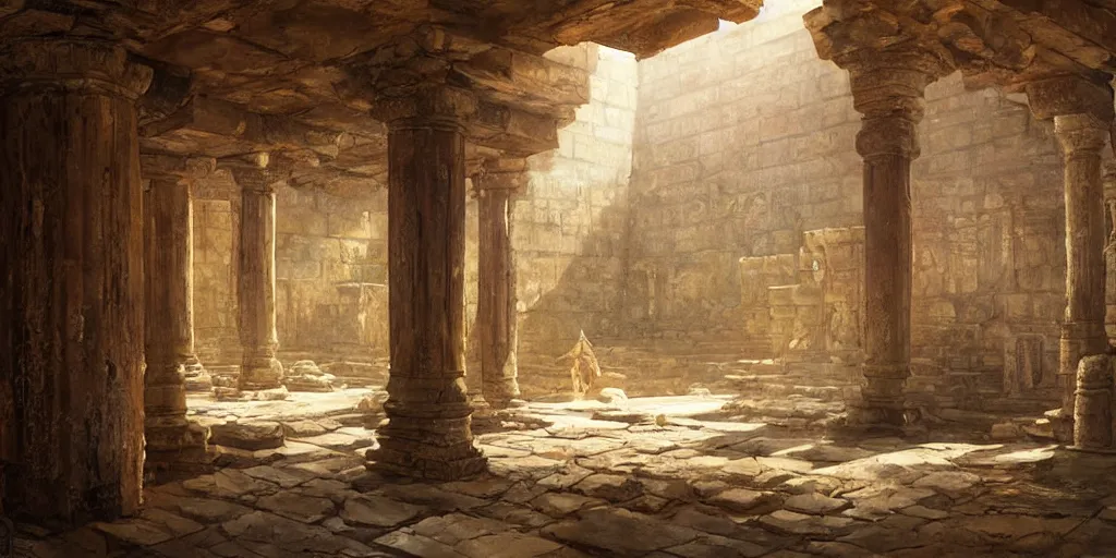 Image similar to ancient temple, pillars, tomb raidar, indiana jones, altar, traps, from inside a temple, temple run, painted by greg rutkowski