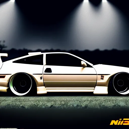 Image similar to a car 300ZX turbo drift at illegal car meet, Chiba prefecture, city midnight mist lights, cinematic lighting, photorealistic, highly detailed wheels, high detail