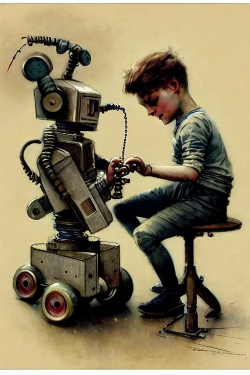 Image similar to (((((1950s a boy working on his robot . muted colors.))))) by Jean-Baptiste Monge !!!!!!!!!!!!!!!!!!!!!!!!!!!