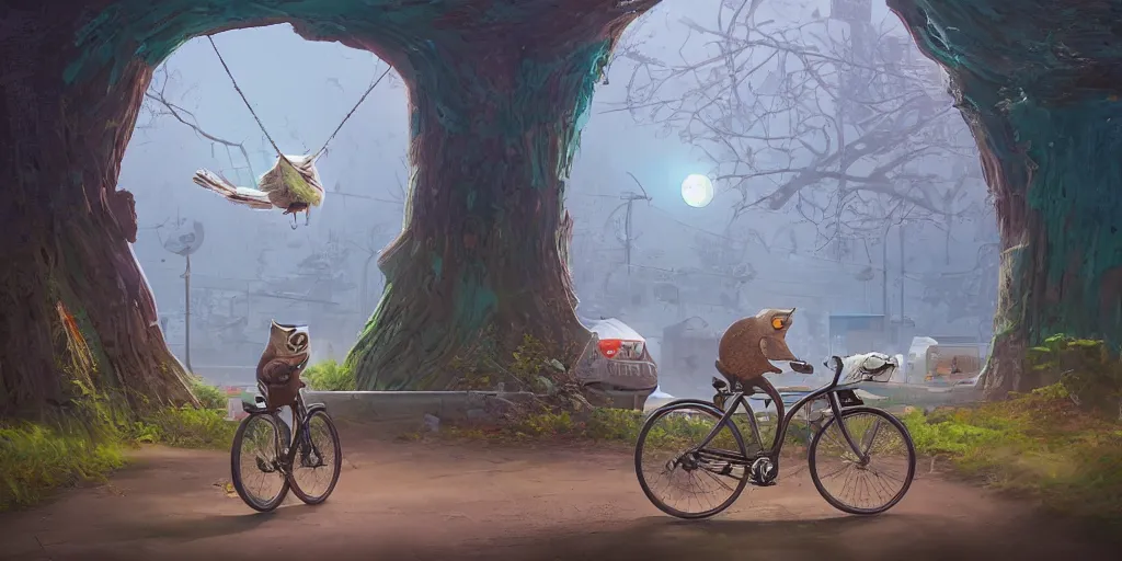 Prompt: A owl riding a bike through a portal. Detailed digital matte painting in the style of simon stalenhag