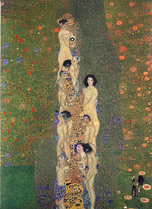 Image similar to cognitive optical illusions of landscape and four people in the foreground in extreme dynamic poses painted by gustav klimt