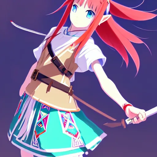 Image similar to a beautiful! young feminine link from botw, wearing japanese catholic school girl outfit with mayan pattern and native style, aztec street fashion, guilty gear art direction, perfect anime face, gapmoe yandere grimdark, trending on pixiv fanbox, painted by greg rutkowski makoto shinkai takashi takeuchi studio ghibli, akihiko yoshida