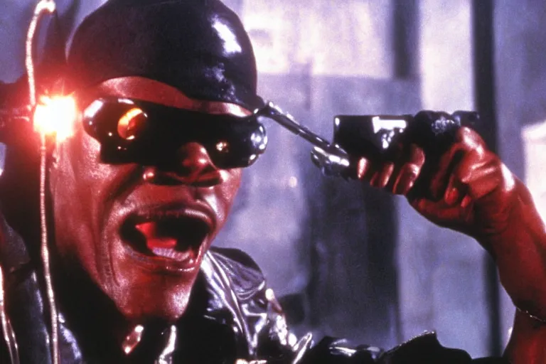 Image similar to Samuel L. Jackson plays Terminator and kills pikachu, action scene from the film