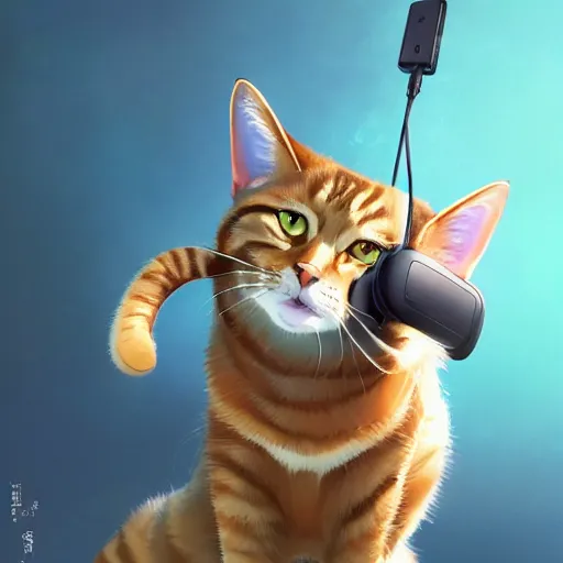 Image similar to a tabby cat wearing a VR Oculus Quest headset on its head. By Makoto Shinkai, Stanley Artgerm Lau, WLOP, Rossdraws, James Jean, Andrei Riabovitchev, Marc Simonetti, krenz cushart, Sakimichan, trending on ArtStation, digital art.