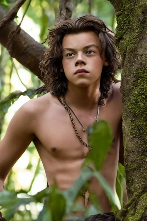 Image similar to young harry styles plays mowgli in the live action adaptation of the jungle book, 3 5 mm photography, highly detailed, cinematic lighting, 4 k