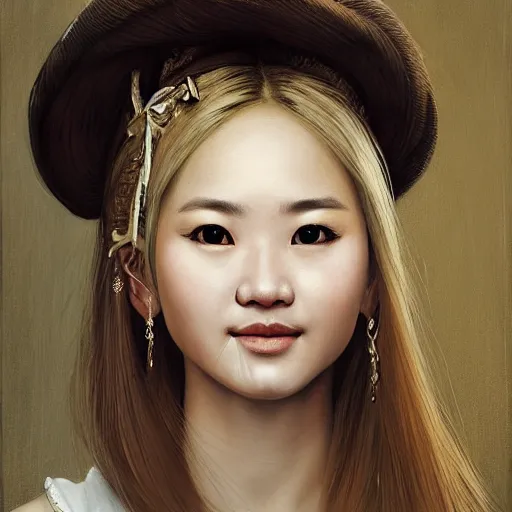 Image similar to a totally amazed smiling pretty asian girl with blonde hair, fully covering intricate detailed outfit, long loose blonde hair, precise linework, accurate brown eyes, small nose, beautiful smooth oval head, expressive emotions, hyper realistic ultrafine portrait by artemisia gentileschi, jessica rossier, greg rutkowski, artgerm