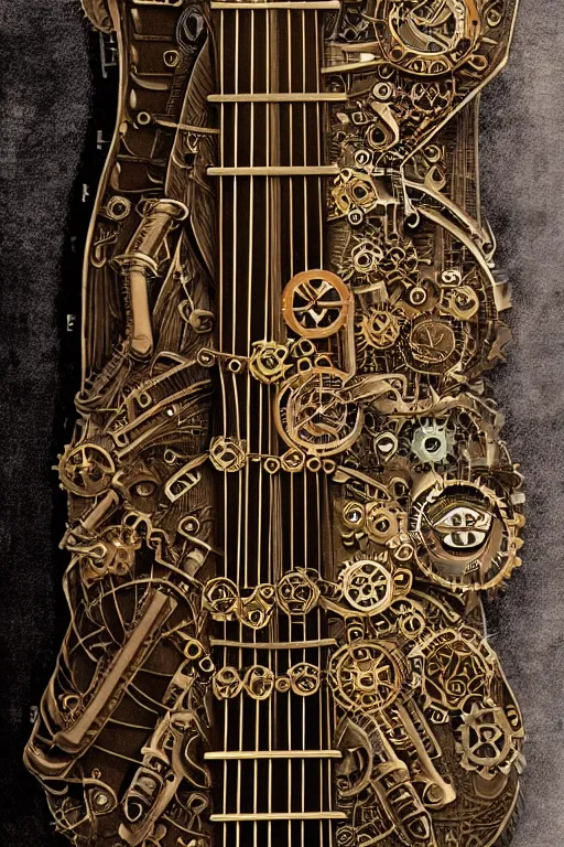 Image similar to an artistic representation of a fretboard, steampunk, intricate details