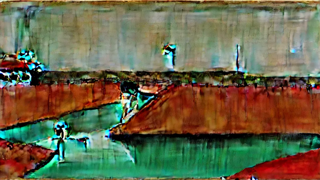 Image similar to a chinese prison near a river by peter doig, muted colors