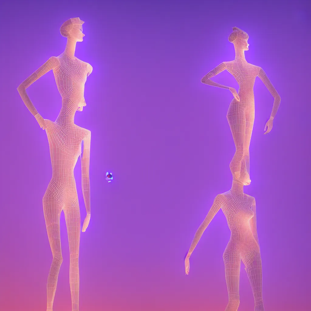 Image similar to beautiful mannequin sculpted out of amethyst by billelis + lit with 3 d geometric neon + facing a doorway opening with neon pink geometric fractal light + flowering hosta plants!!!, moon in background!, rule of thirds, clean linework, dramatic, award winning, 4 k, trending on artstation, photorealistic, volumetric lighting, octane render