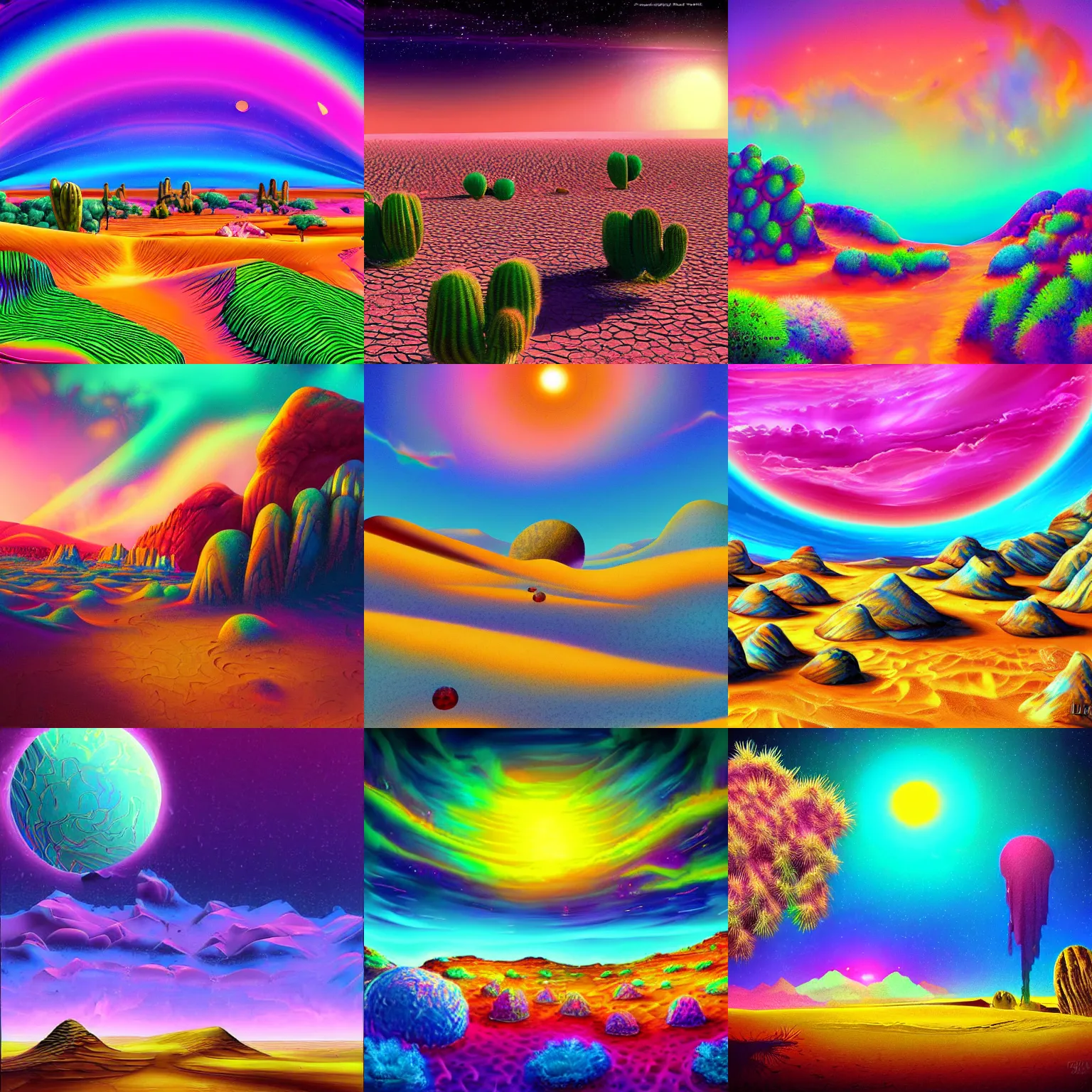 Prompt: desert landscape on an alien planet, atmospheric, colorful, digital art by lisa frank