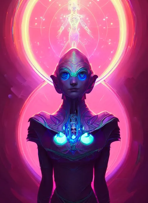 Image similar to a machine elf faceless glowing liquefied stardust adventurer, dnd fantasy character, full body portrait, glowing neon skin, magical aura, ultra realistic, intricate, elegant, highly detailed, digital painting, artstation, smooth, sharp, focus, illustration, art by artgerm and greg rutkowski and alphonse mucha and dan mumford, sacred geometry, ultra fine detailed