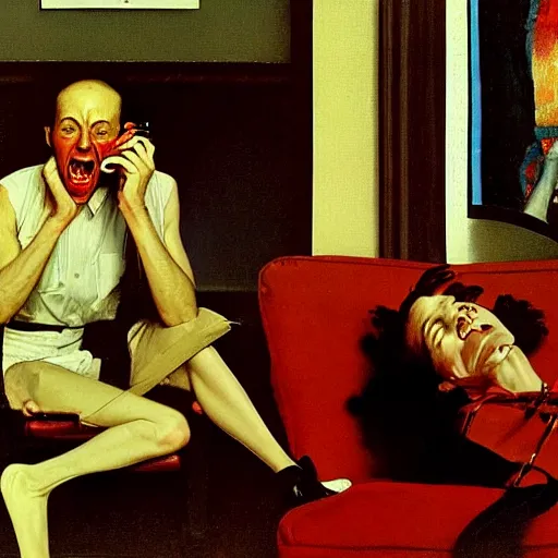 Image similar to a thin man screams at a telephone beside a sofa in a dark living room, painted by norman rockwell and tom lovell and frank schoonover