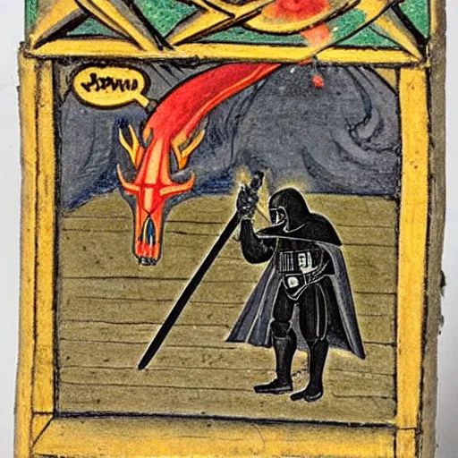 Prompt: darth vader in a medieval manuscript fighting with a dragon, medieval manuscript, golden miniatures