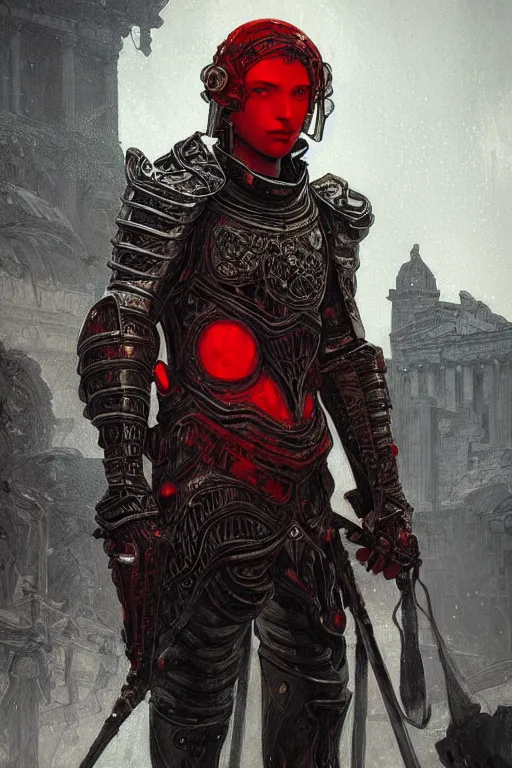 Image similar to portrait siniter knights of Zodiac boy, black and red color reflected armor, in ruined Agora of Athens rainy night, ssci-fi and fantasy, intricate and very very beautiful and elegant, highly detailed, Frostbite Engine, digital painting, artstation, concept art, smooth and sharp focus, illustration, art by tian zi and WLOP and alphonse mucha