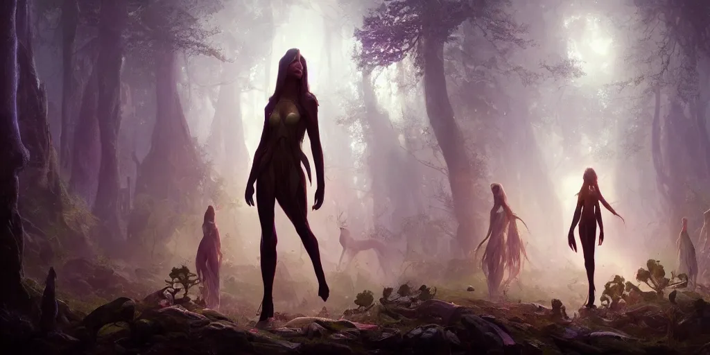 Prompt: a full body portrait of a beautiful elfin woman leading her people to the safety of a new forest of dreams, liminal space, cosmic color scheme, greg rutkowski