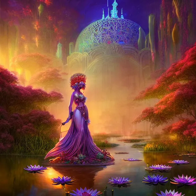 Image similar to Beautiful 3d render of the flower queen goddess near a pond full of lotus, atmospheric lighting, painted, intricate, volumetric lighting, beautiful, sharp focus, ultra detailed, in the art style of Dan Mumford and marc simonetti, with a clear crowded futuristic cyberpunk dubai city in the background, astrophotography