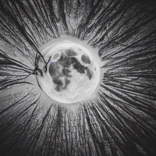 Image similar to an scary scene of moon approach to sky, view angle from down