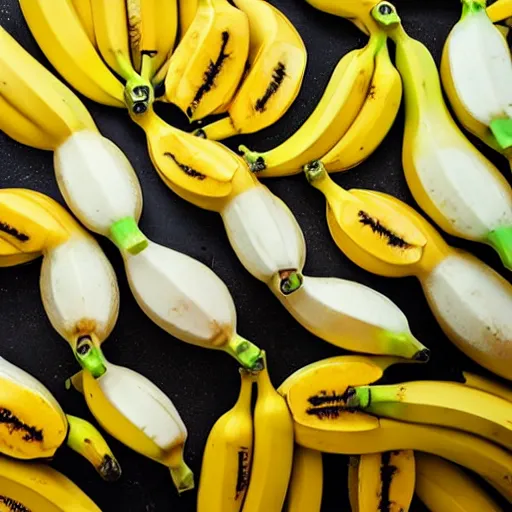 Image similar to professional photograph of banana ducks, peeled bananas with googly eyes and duck beaks