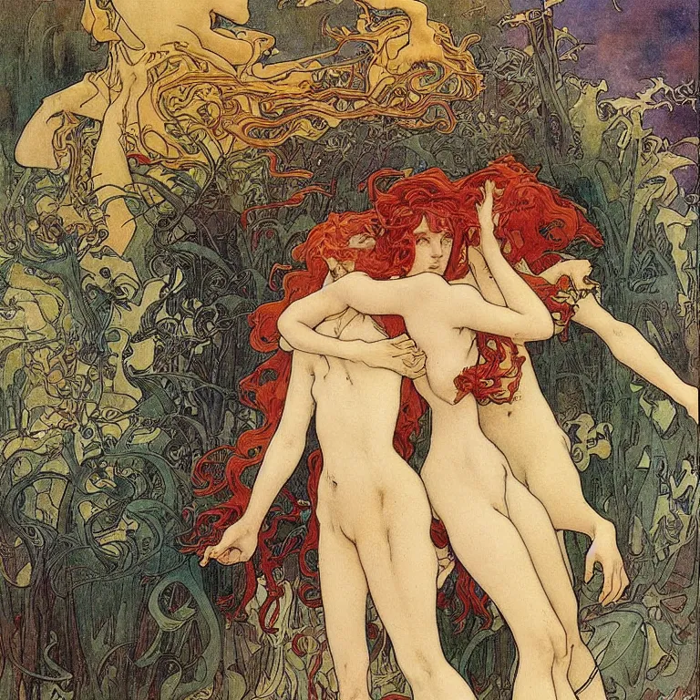 Prompt: A woman with red hair stands and hugs a blonde Anton Pieck,Jean Delville, Amano,Yves Tanguy, Alphonse Mucha, Ernst Haeckel, Edward Robert Hughes,Stanisław Szukalski and Roger Dean