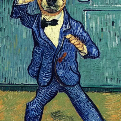 Image similar to dog in suit dancing, style of van gogh, 4k