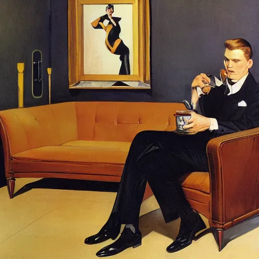 Image similar to man in futurist room with coffee and black suit by leyendecker and dean cornwell, 8 feet from the camera, 6 0 ´ s futurist furniture