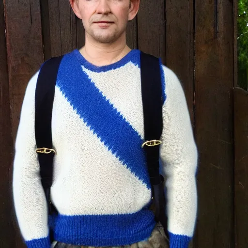 Prompt: hobbit wearing a white men's crossbody sling chest bag and blue sweater