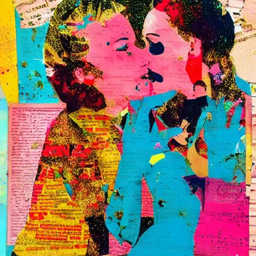 Prompt: two women kissing at a carnival, mixed media collage, retro, paper collage, magazine collage, acrylic paint splatters, retro psychedelia,