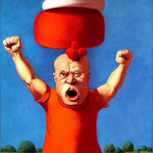 Image similar to a crazy-cooky-old-man yelling and screaming with his fist raised in the air, wearing a funny hat by Raphael, Hopper, and Rene Magritte. detailed, romantic, enchanting, trending on artstation.