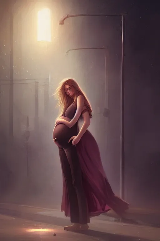 Image similar to pregnant woman under street light, highly detailed, sharp focused, ultra realistic digital concept art by Charlie Bowater