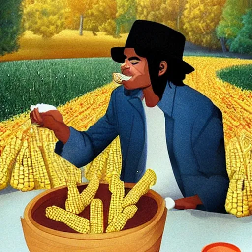 Prompt: michael jackson eating corn, in the style of heironymous bosch