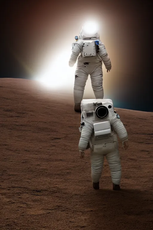 Image similar to a bottom view of a walking astronaut, low - angle view, photography, out - space background, cinematic lighting, 8 k