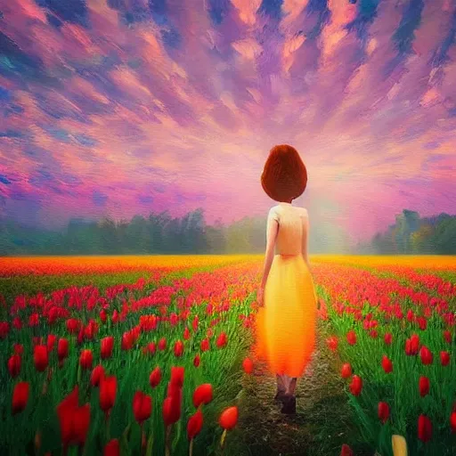 Image similar to large tulip as a head, girl walking in a flower field, surreal photography, sunrise dramatic light, impressionist painting, colorful clouds, digital painting, artstation, simon stalenhag