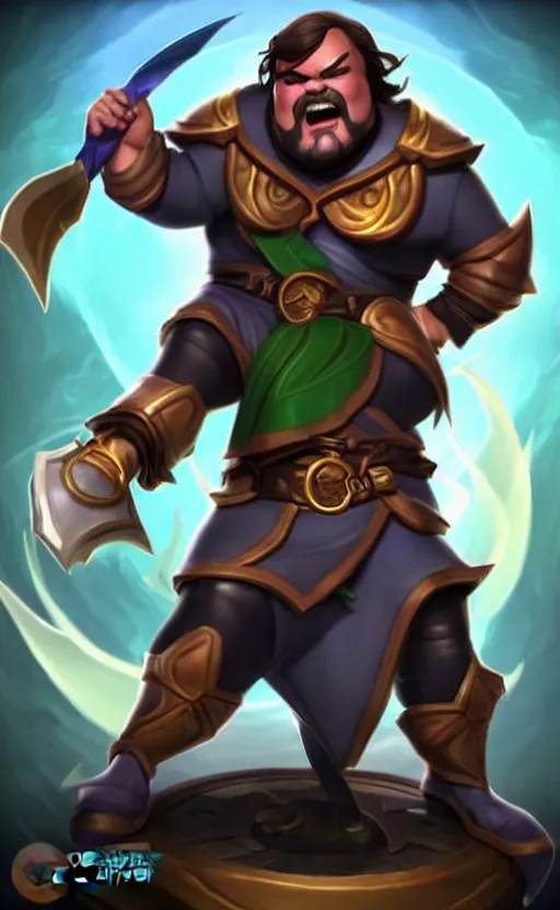 Image similar to Jack Black as a character in the game League of Legends, with a background based on the game League of Legends, detailed face, old 3d graphics