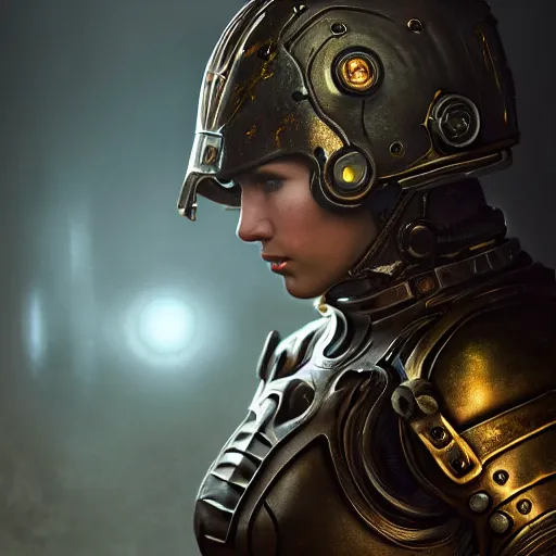 Prompt: unknown fallout 5 female character portrait, partially clothed in highly detailed metal armour, atmospheric lighting, painted, intricate, mist, cold, volumetric lighting, beautiful, blue moon light, golden ratio, sharp focus, ultra detailed, by leesha hannigan, ross tran, thierry doizon, kai carpenter, ignacio fernandez rios