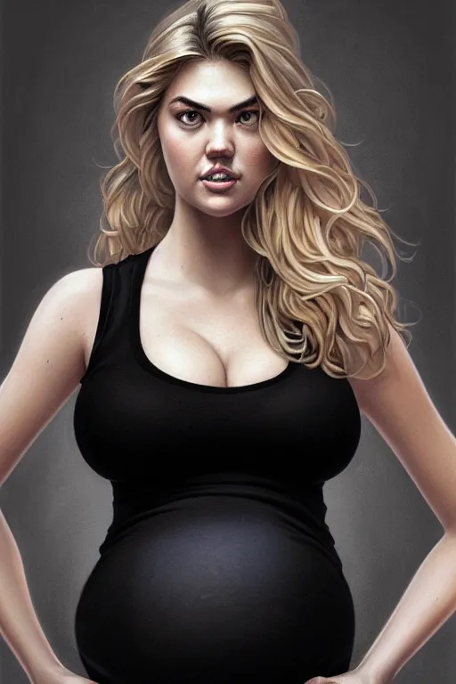 Image similar to pregnant kate upton in a black tank top, realistic portrait, symmetrical, highly detailed, digital painting, artstation, concept art, smooth, sharp focus, illustration, cinematic lighting, art by artgerm and greg rutkowski and alphonse mucha