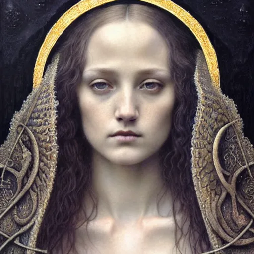 Image similar to detailed realistic beautiful young medieval queen face portrait by jean delville, tom bagshaw, brooke shaden, gustave dore and marco mazzoni, art nouveau, memento mori, symbolist, visionary, gothic, pre - raphaelite, ornate gilded medieval icon, surreality, ethereal, unearthly, haunting, celestial, neo - gothic, ghostly