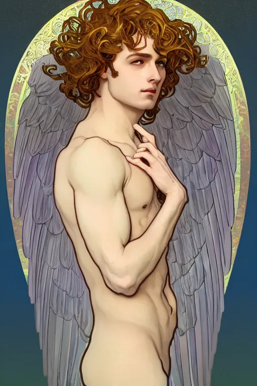 Prompt: full figure art nouveau portrait of a beautiful young fit male angel with curly blond hairs, dressed with fluent clothes, majestic wings, luminous halo, by alfons mucha, d & d character, gradient white to gold, in front of an iridescent background, highly detailed portrait, digital painting, artstation, concept art, smooth, sharp focus illustration, artstation hq