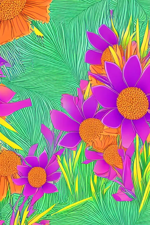 Image similar to muted sonbre detailed vector illustration of photorealistic tropical flowers and green reeds, multiple cohesive colors ranging from warms purples to bright oranges on a ((very dark black background)), 4K resolution, trending on artstation, hd wallpaper