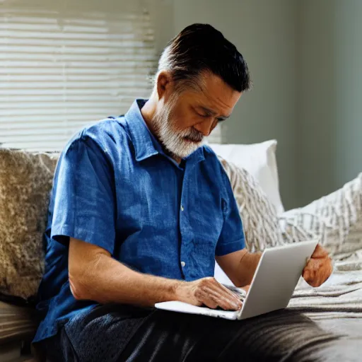 Image similar to old man sitting on a casket browsing internet on laptop from a casket casket