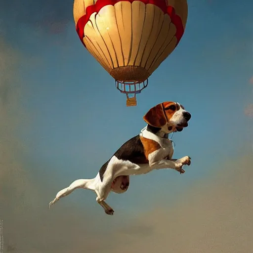 Image similar to a beagle dog flying on a balloon, digital painting, smooth, elegant, hd, art by wlop and artgerm and greg rutkowski and alphonse mucha