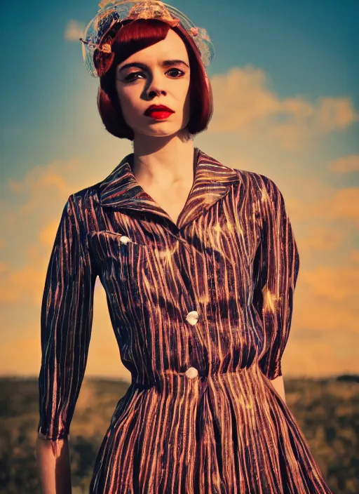 Image similar to beautiful Felicita Jones wearing a vintage Raypunk outfit, accurate anatomy, abstract sun in background, shiny soft skin, soft lighting, sharp details, warm colors, full body portrait, 35 mm film, subsurface scattering, lens flare