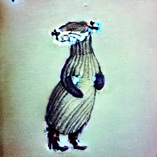 Image similar to an otter in a dress, pencil drawing